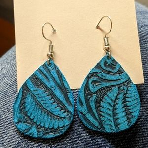 Teal embossed leather earrings